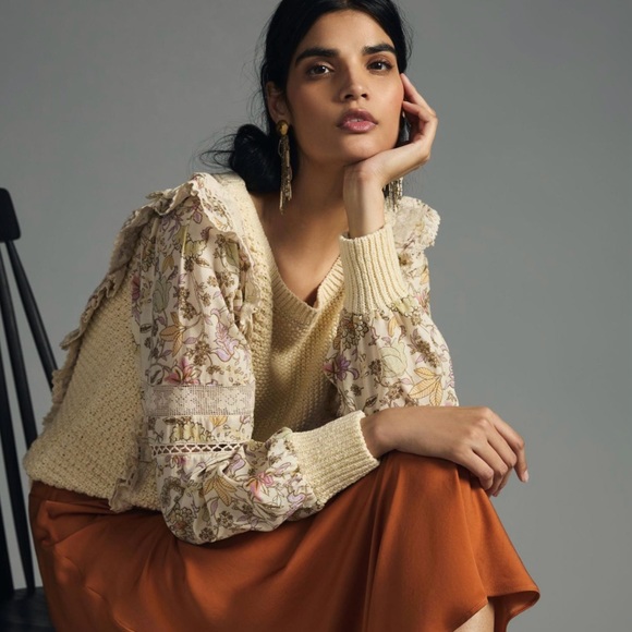 NWT By Anthropologie Printed-Sleeve Ruffle Sweater - Picture 2 of 8